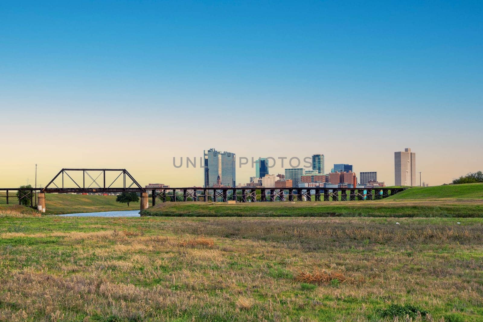 skyline of Fort worth seen from the river Trinity park, Texas, USA