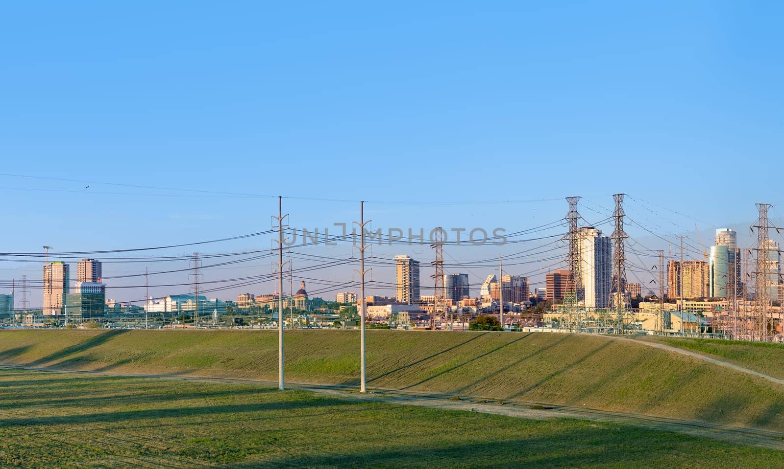scenic skyline in late afternoon at trinity river with view to downtown Dallas, Texas, USA