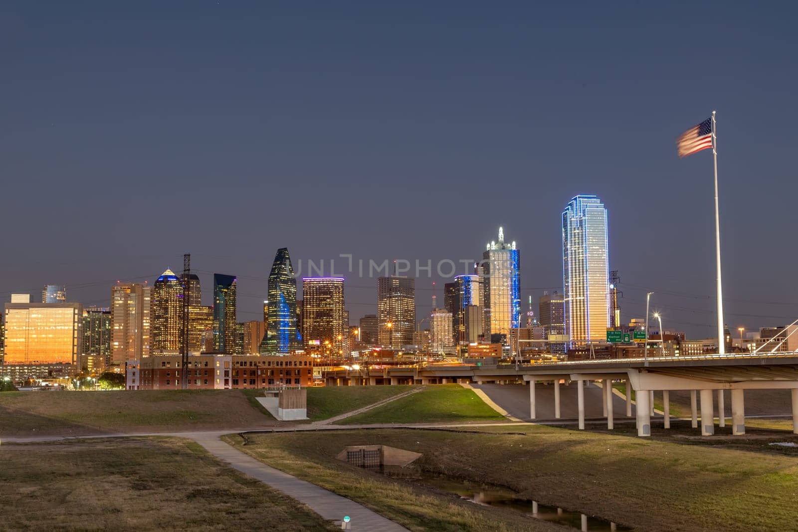 scenic skyline by night in Dallas, Texas, USA