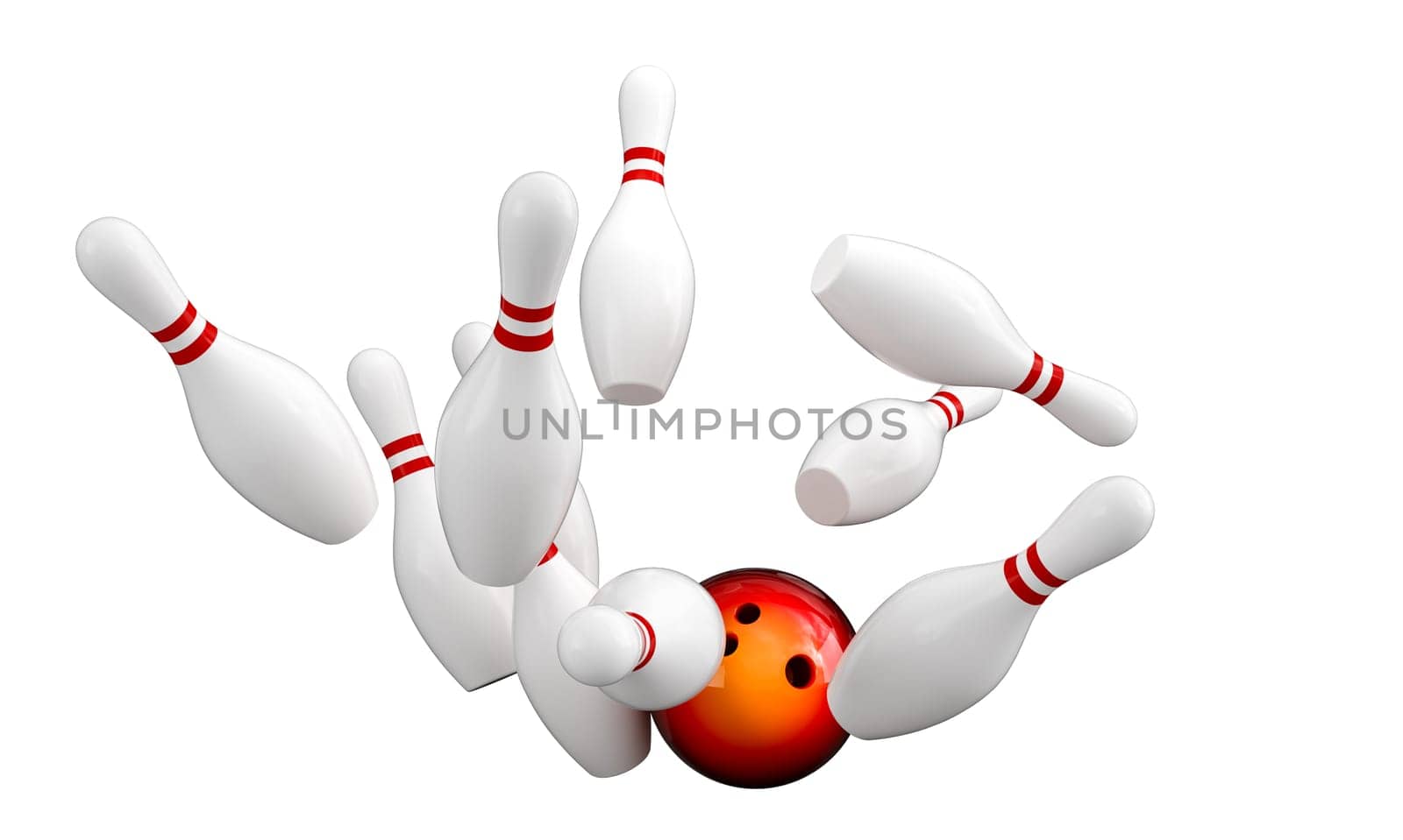 ball hitting bowling pins isolated on white. 3d render