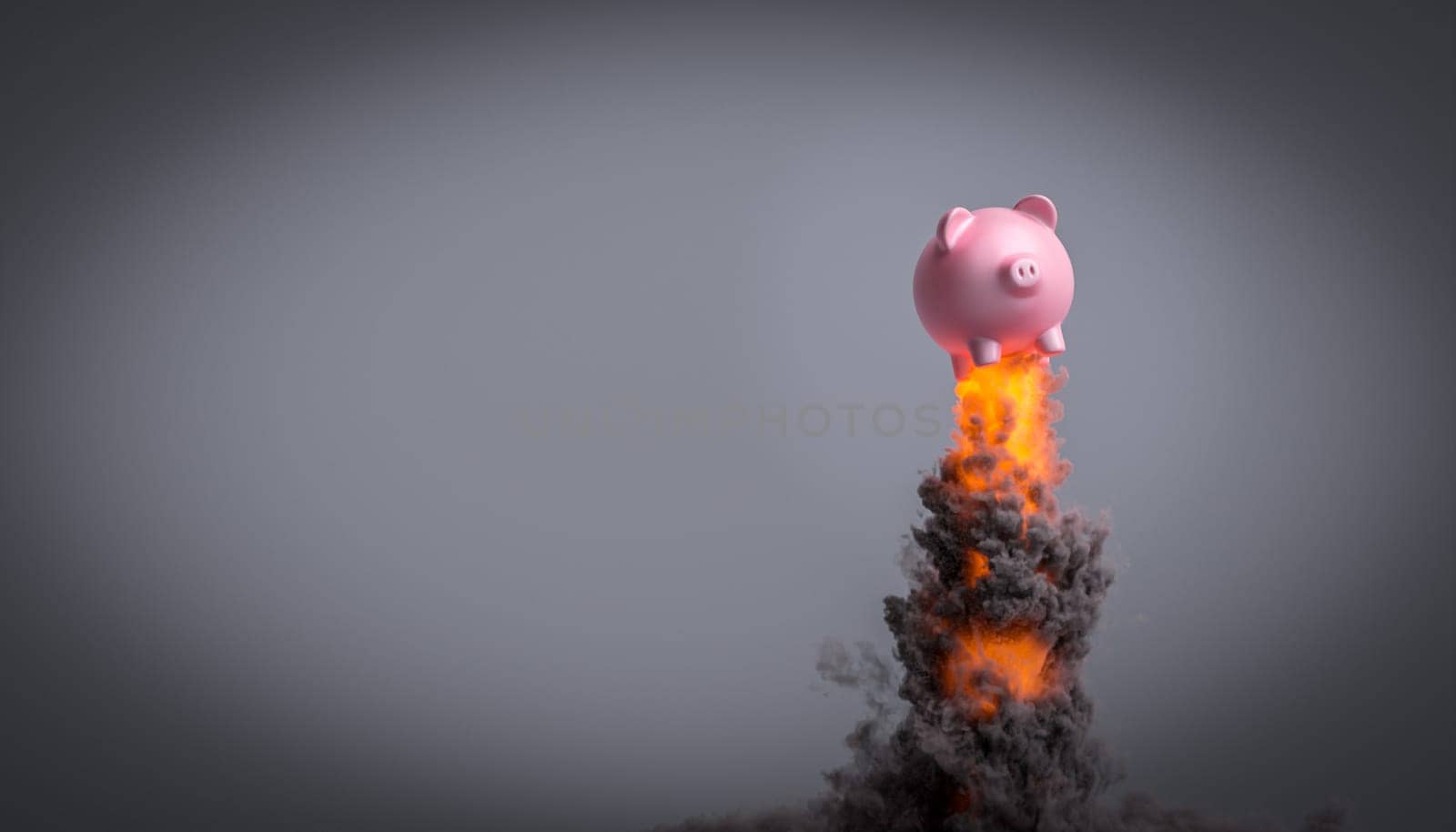 piggy bank takes flight with flames and smoke. 3d render