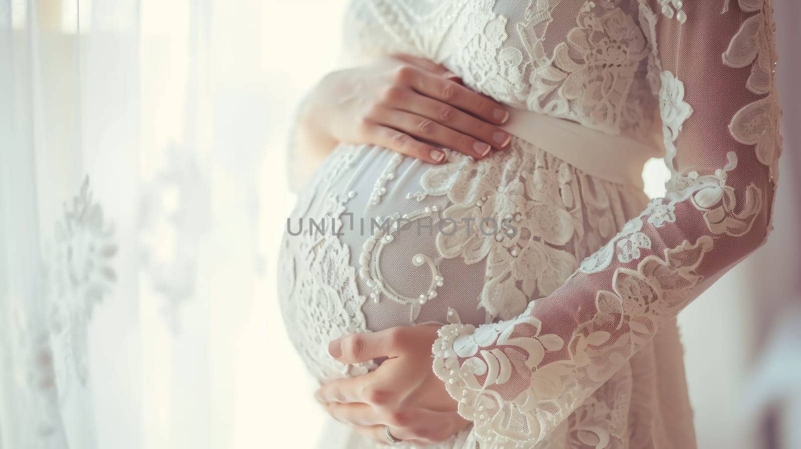 detail of pregnant woman holding her hands on her baby bump. generated by ai
