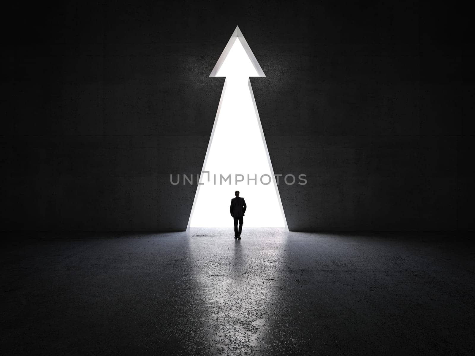 man walks towards an arrow-shaped exit. 3d render