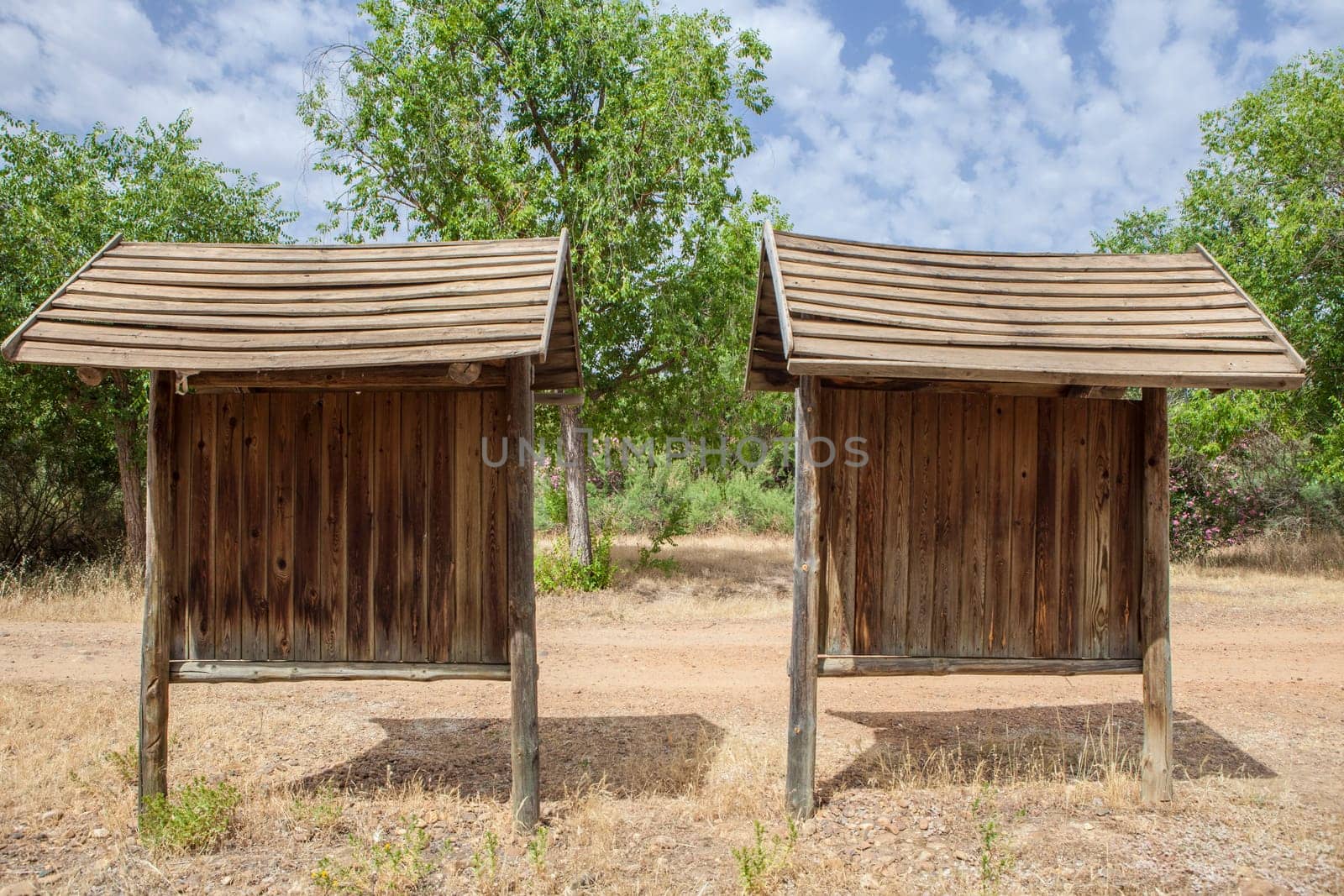 Natural space empty information boards. Mediterranean river ecosystem environment