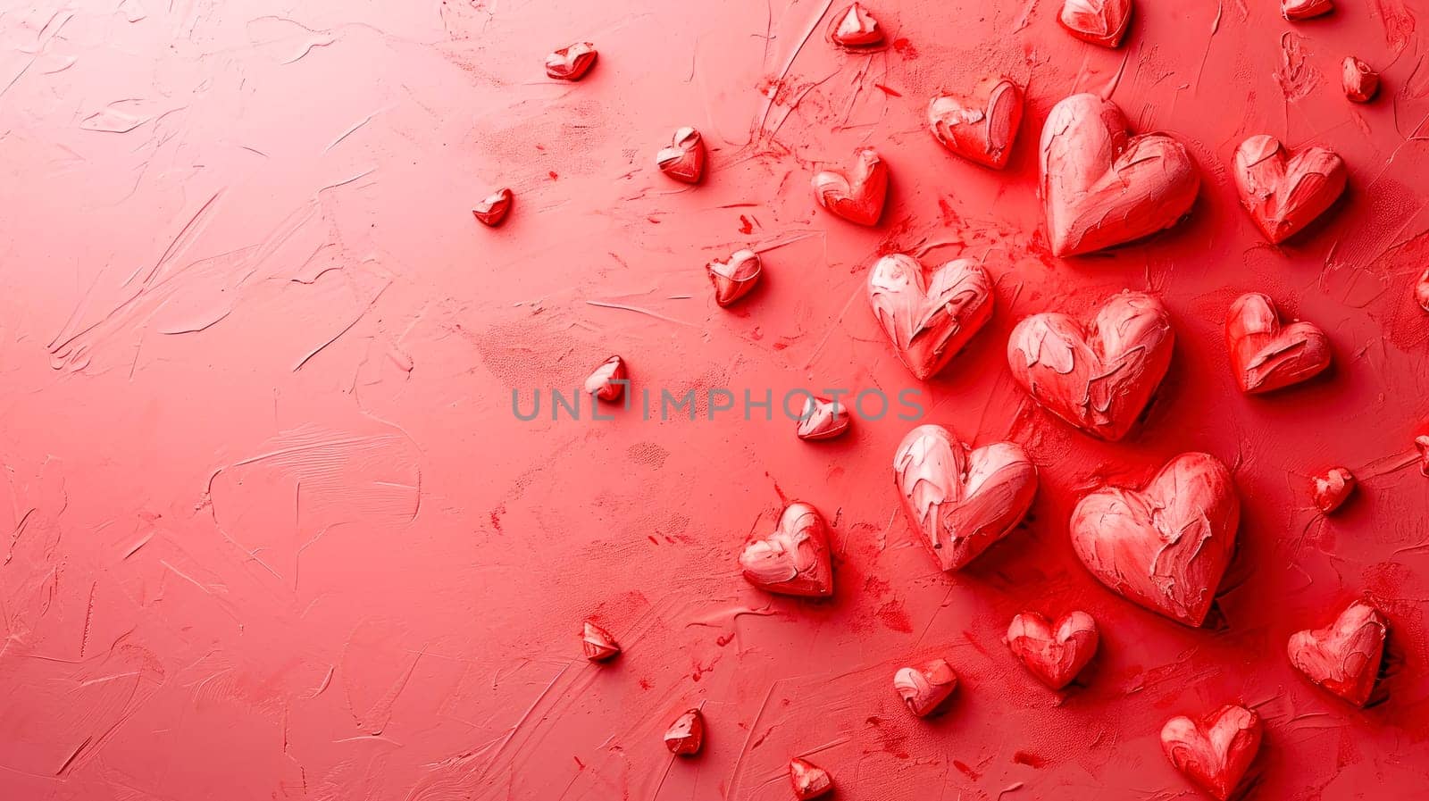 Valentines day, 14 february theme banner. Love and romance background.  Red painted wall with heart shapes, copy-space.AI generated