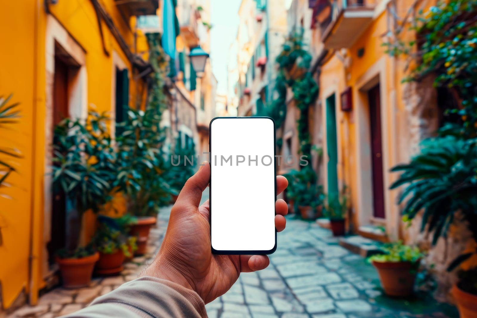 Hand holding phone mobile white blank screen. Male hand holding  cellphone with template screen with area for your logo or design, old town street in the background. AI generated