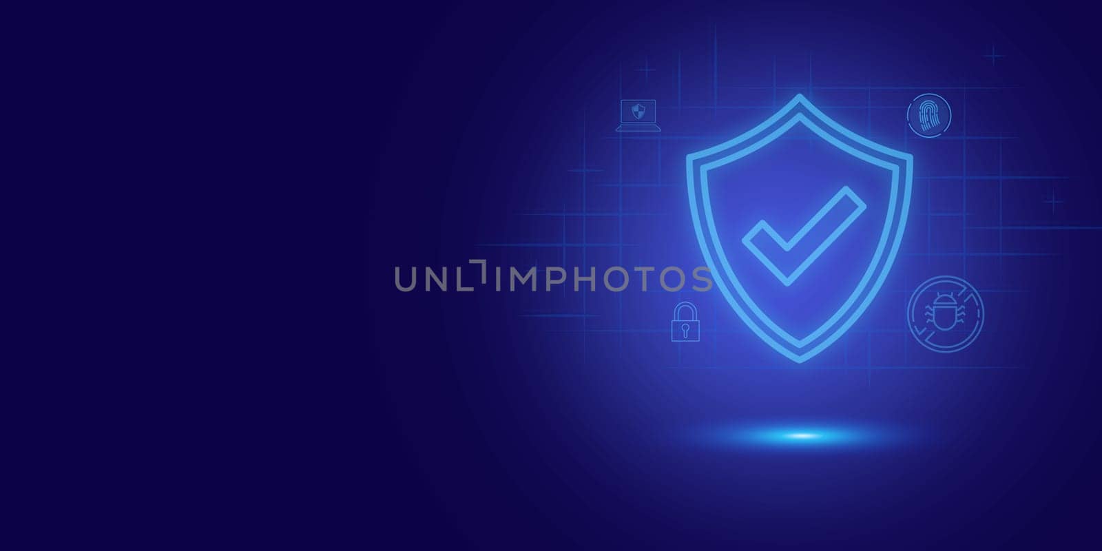 Futuristic blue shield ethics and Security abstract technology background. Artificial intelligence digital transformation and Business quantum internet network communication and Antivirus.