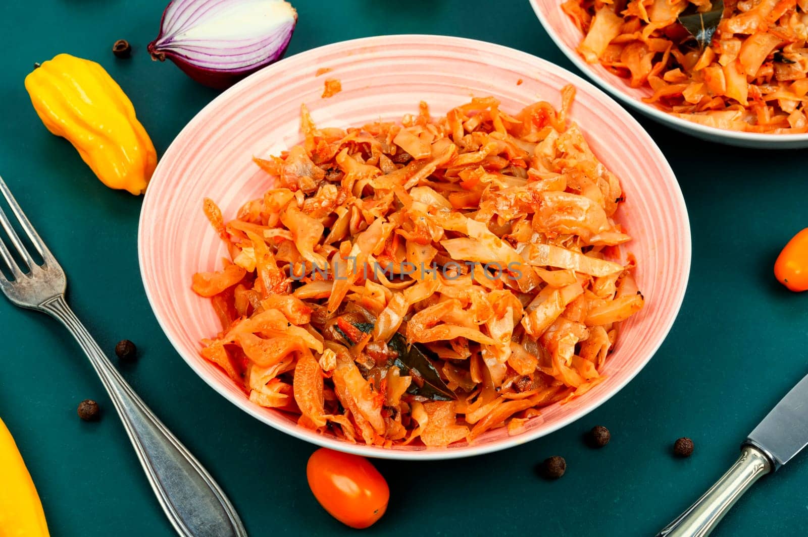 Appetizing stewed cabbage on a plate. German cuisine.