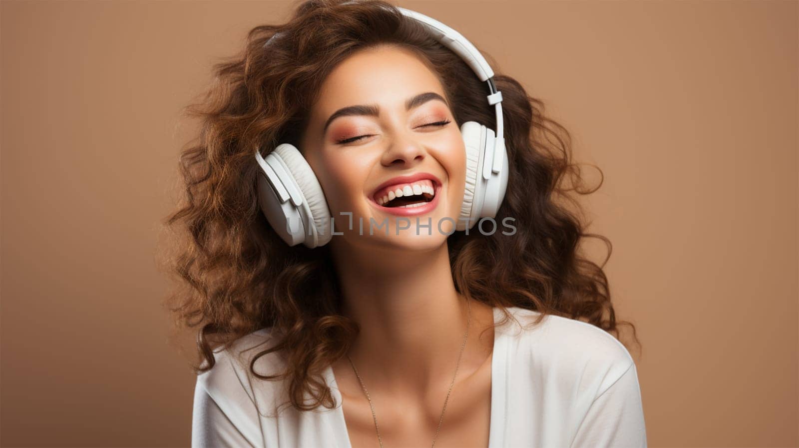 Closeup portrait of a beautiful young woman closing her eyes and enjoying music with white headphones, on a color background with copy space.