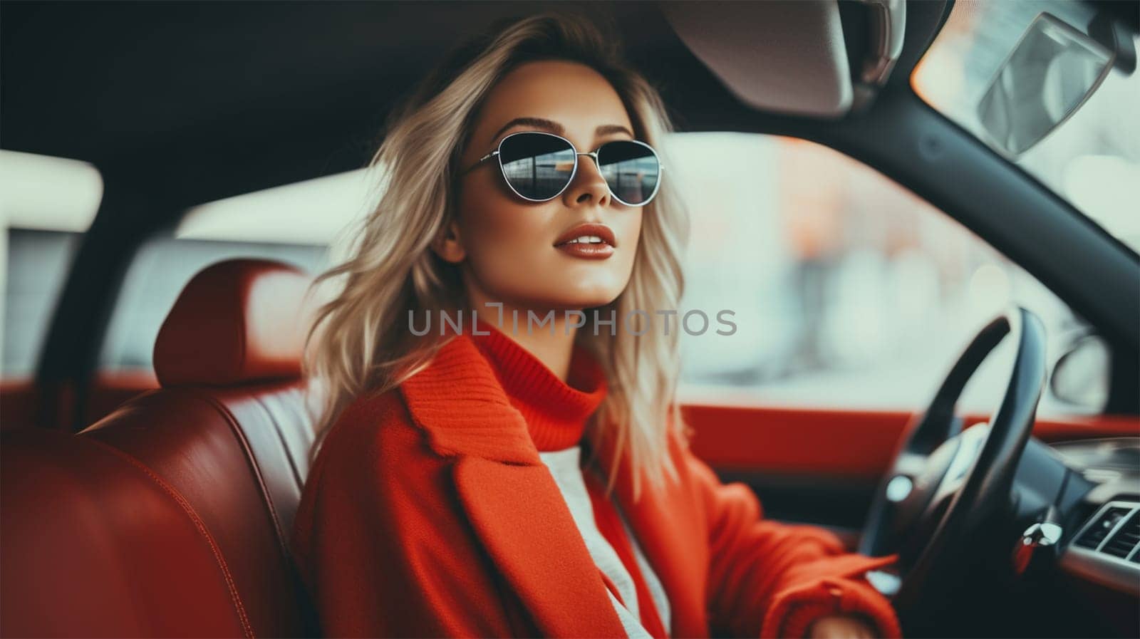 Portrait of a beautiful young blonde woman in a car. A lady in darkening glasses and a red jacket poses in a car.