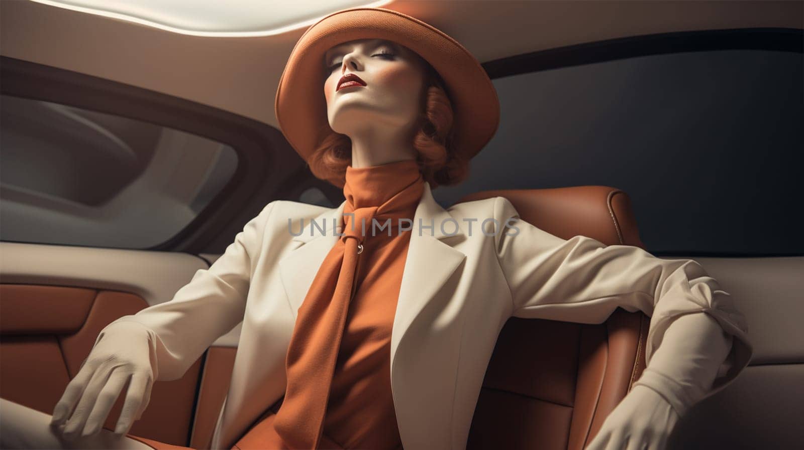 a female mannequin in a beige suit and an orange blouse with a tie and a hat sits inside a car at a car exhibition.