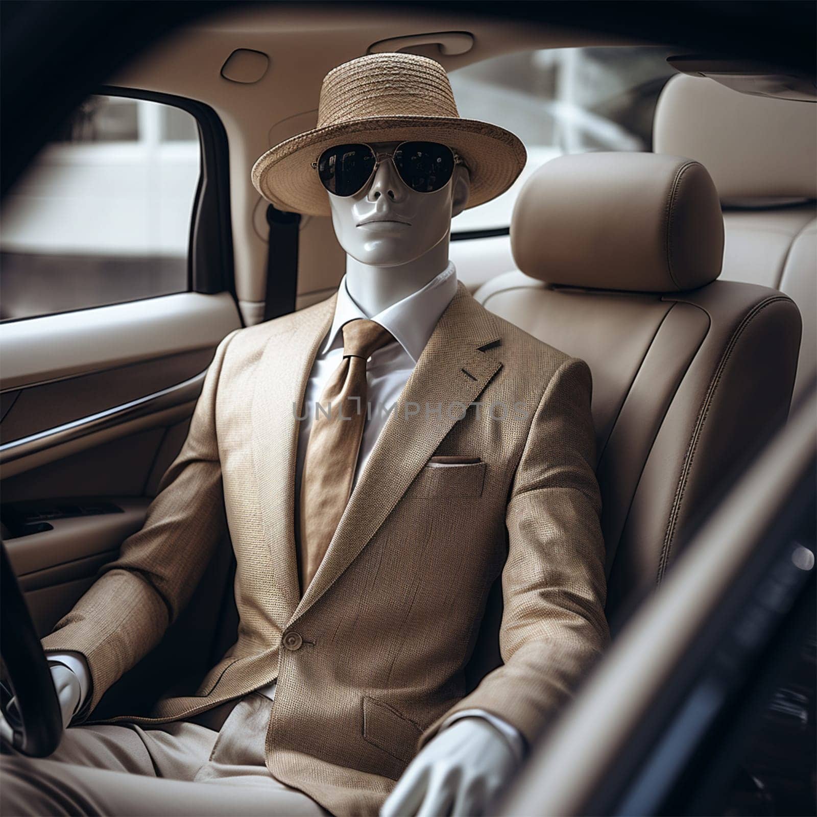 a white mannequin in a beige suit with a tie, sunglasses and a straw hat sits behind the wheel of a car at a car exhibition.