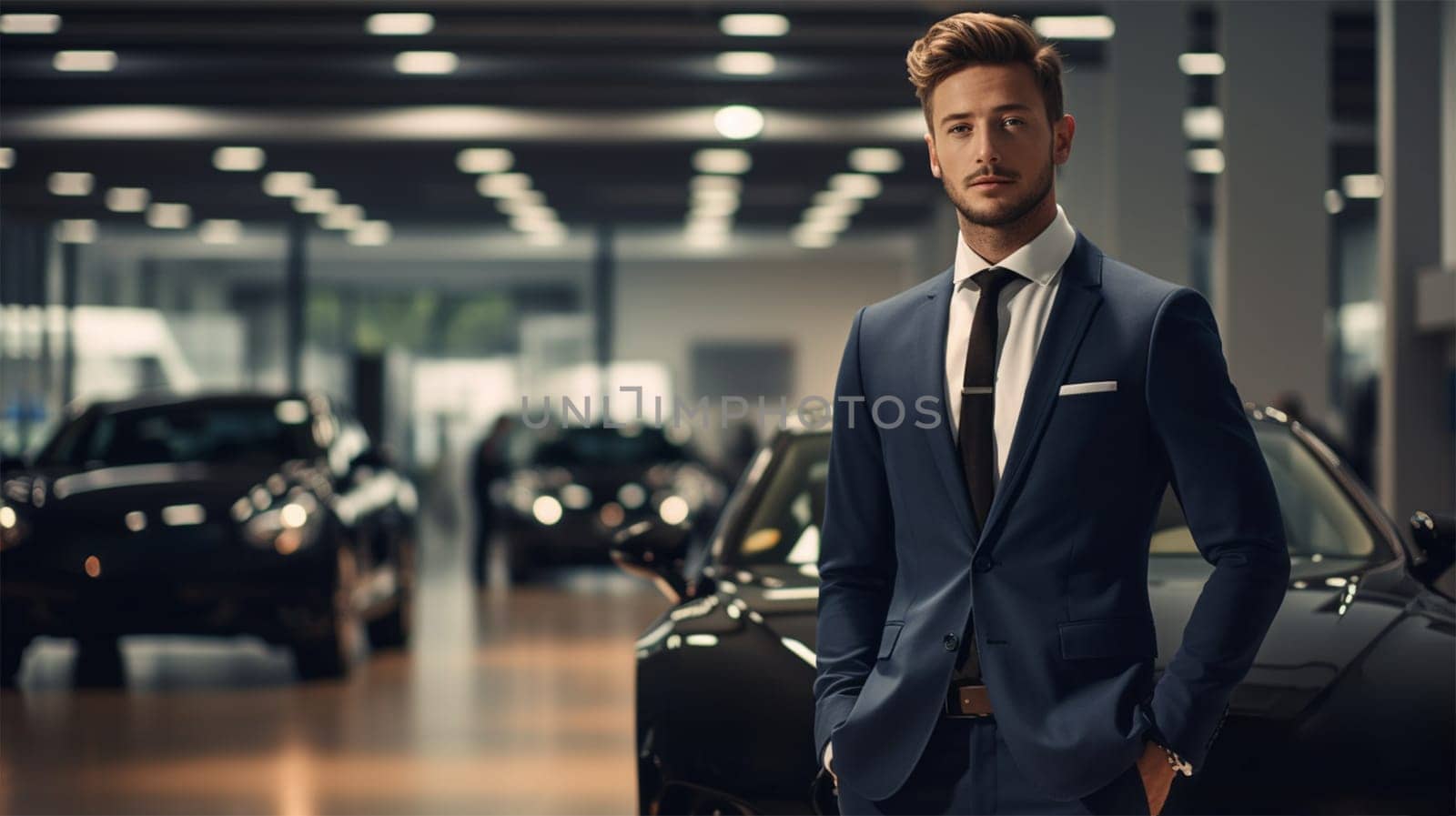 young confident businessman in a suit against the background of black cars in the parking lot of a business center.