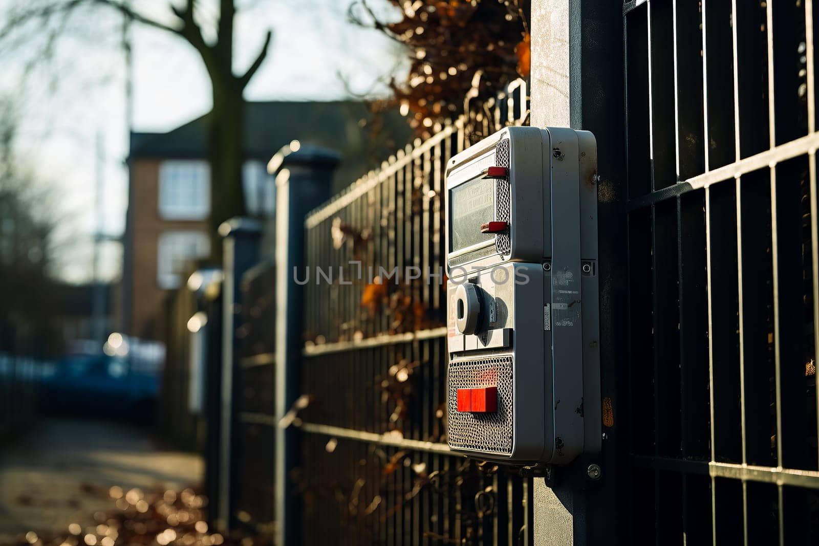 Security intercom on a locked metal gate.speakerphone for communication