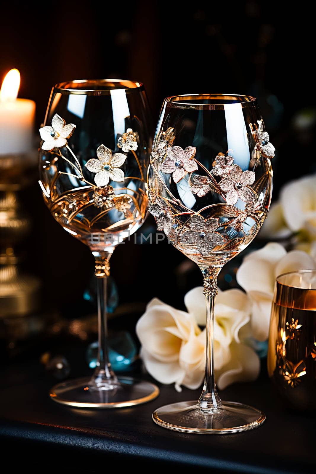 two crystal wine glasses decorated with mother-of-pearl flowers and gold. Exclusive tableware for special occasions.