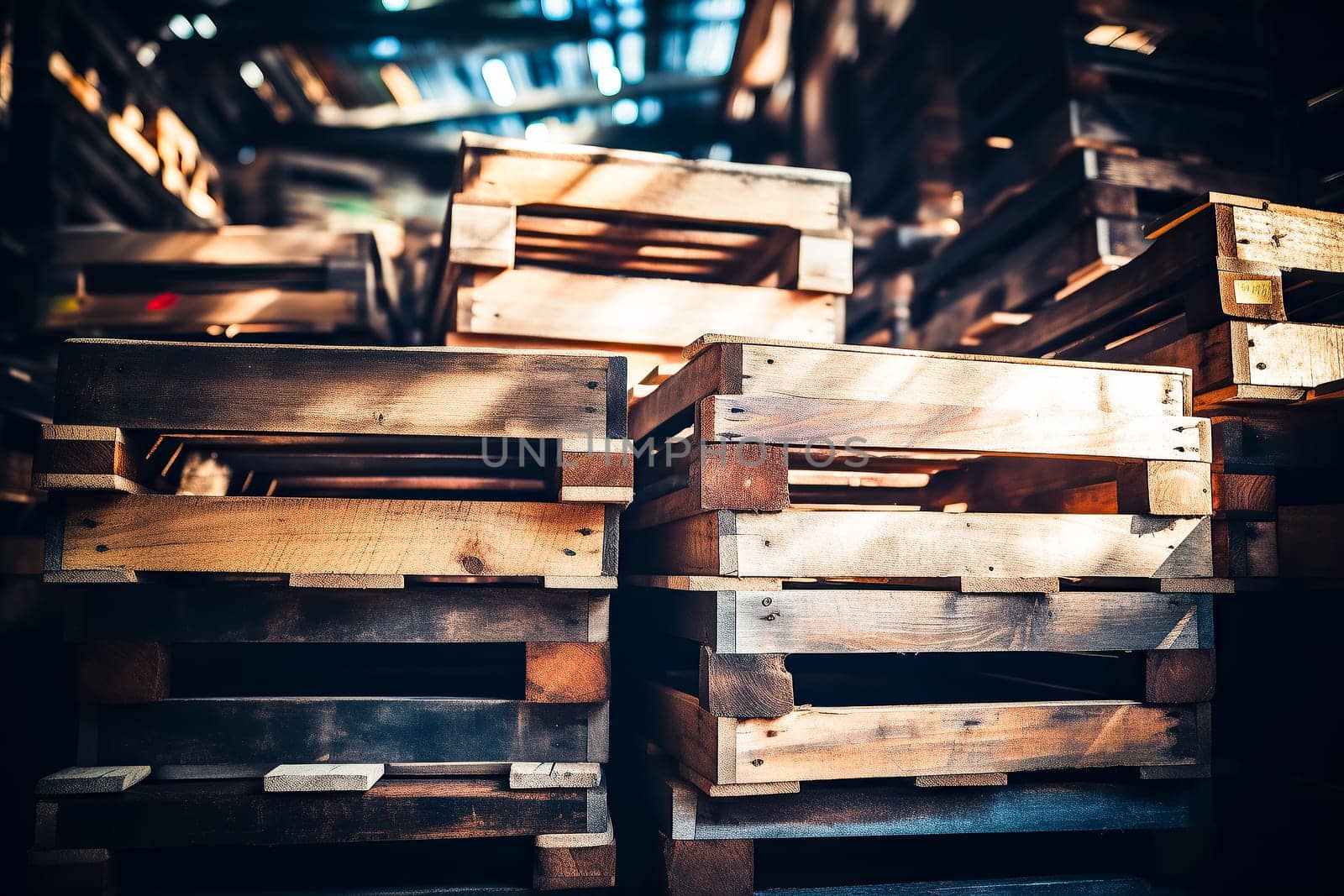 External stock of old wooden standard pallets stored on pylons in a warehouse
