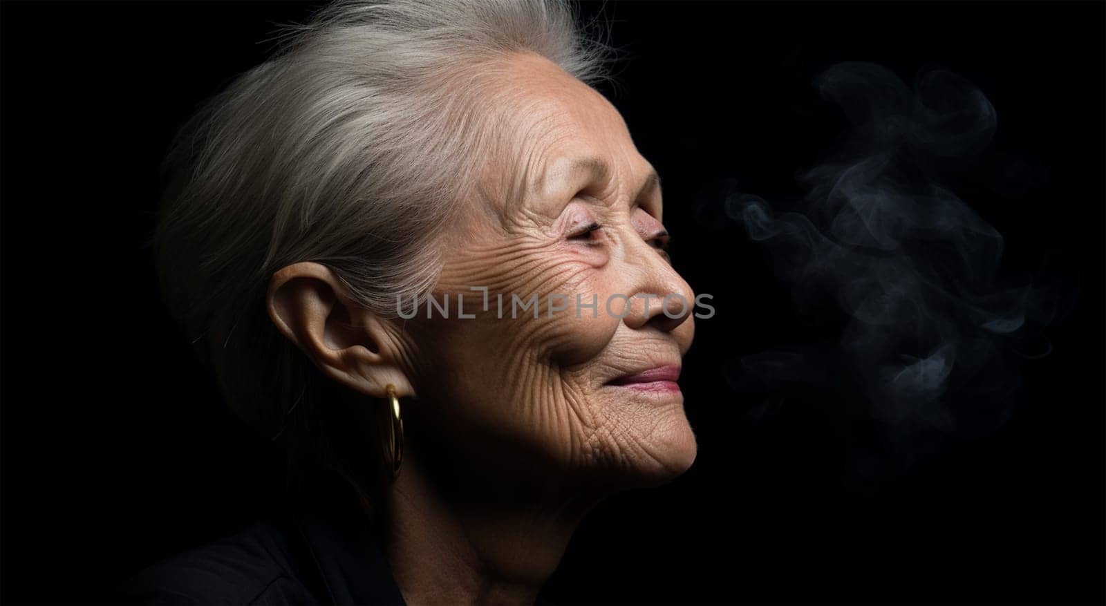 profile portrait of an elderly gray-haired ethnic woman on a black background with cigarette smoke near her face.Passive smoking.