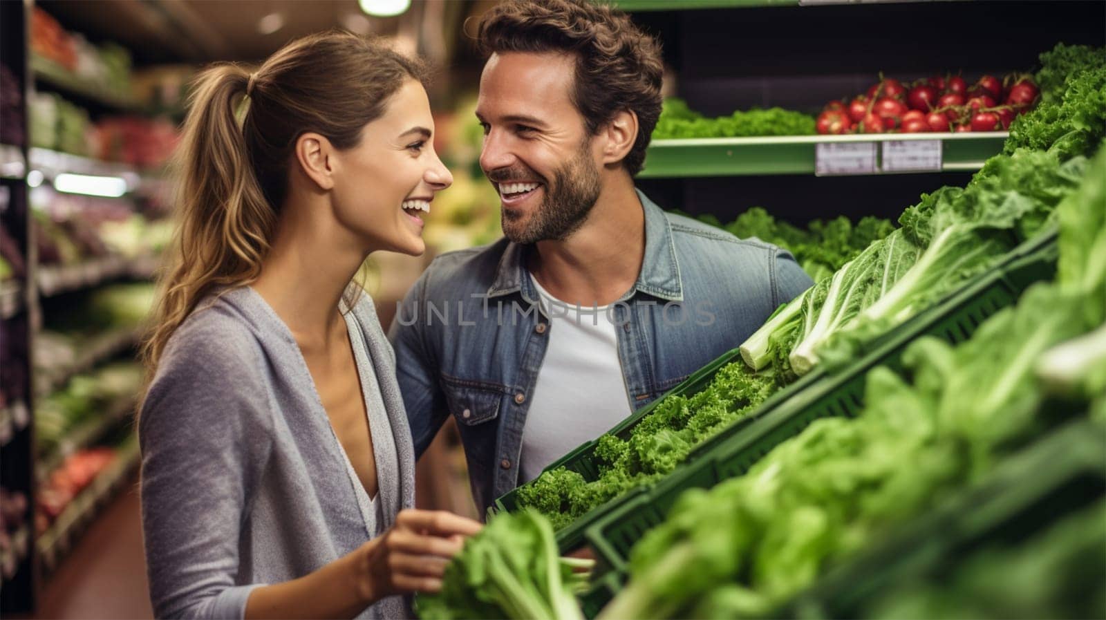 young happy couple near standing near the counter with fruits and vegetables. The concept of family, healthy eating, vegetarianism, diet.