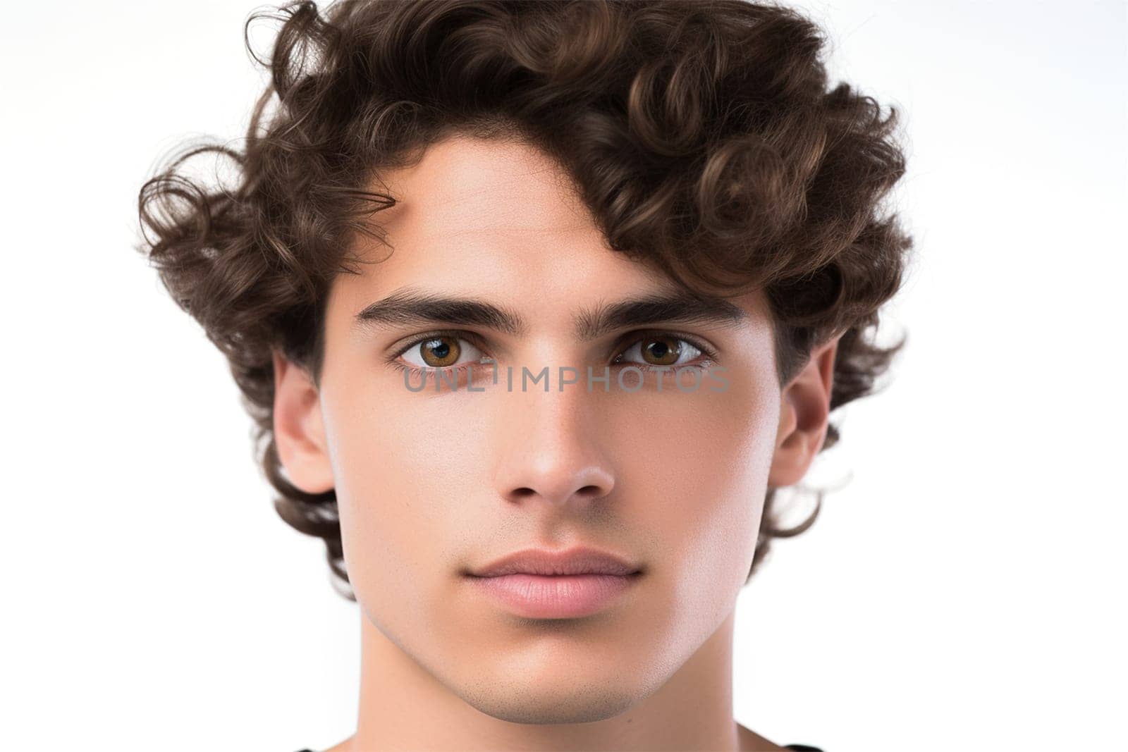 portrait of young man brunette with clean skin on white background, Hair or facial skin care products banner template.