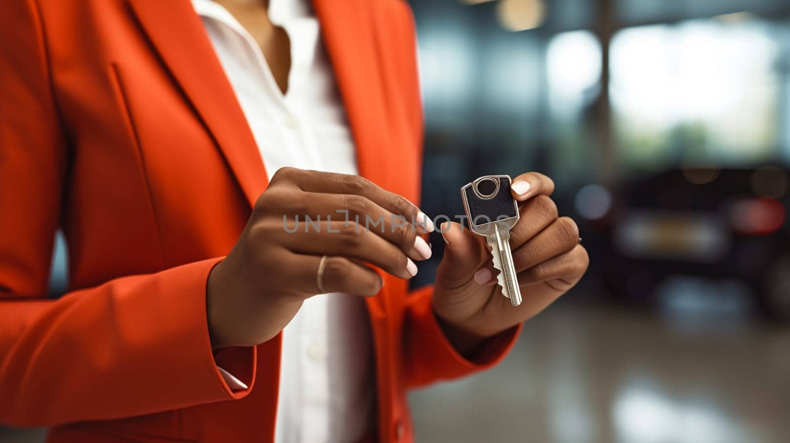 The hand of a woman in a red suit holds the key to a new car on a blurred background in a car showroom. copy space