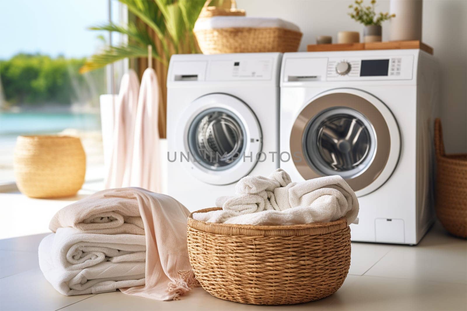 Wicker basket with clothes and towels in the laundry room against the background of a washing machine and dryer