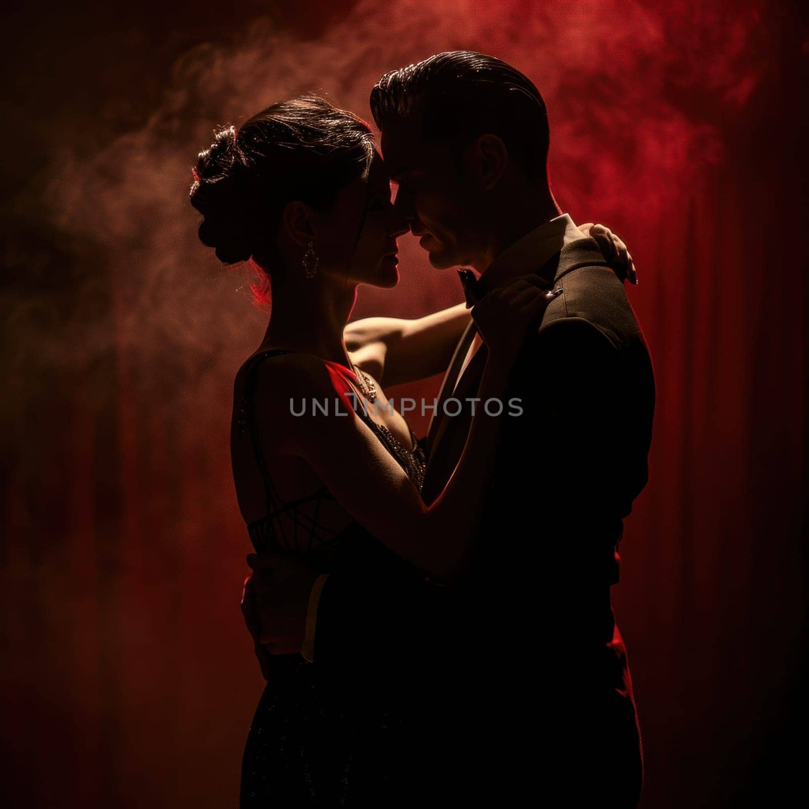 deep dark photograph of a dancing couple, silhouette lighting on a red background