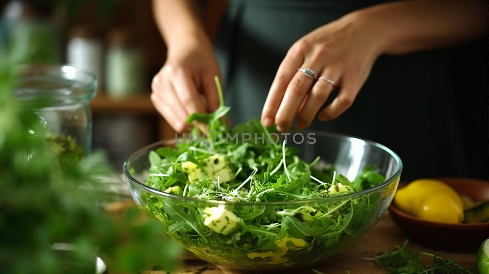 female hands preparing a green salad, healthy eating and self-care.