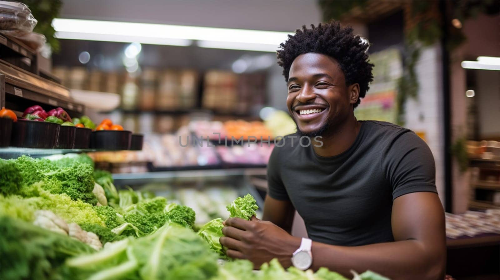 Portrait of a friendly and cheerful African American man choosing greens while standing near fruit and vegetable counter