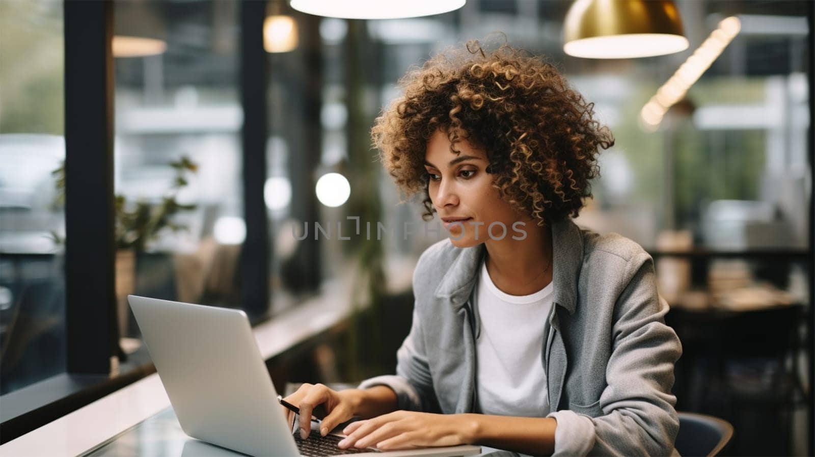 Curly-haired businesswoman sitting at a desk and working on a laptop computer. Smiling successful African American woman on Blurred background