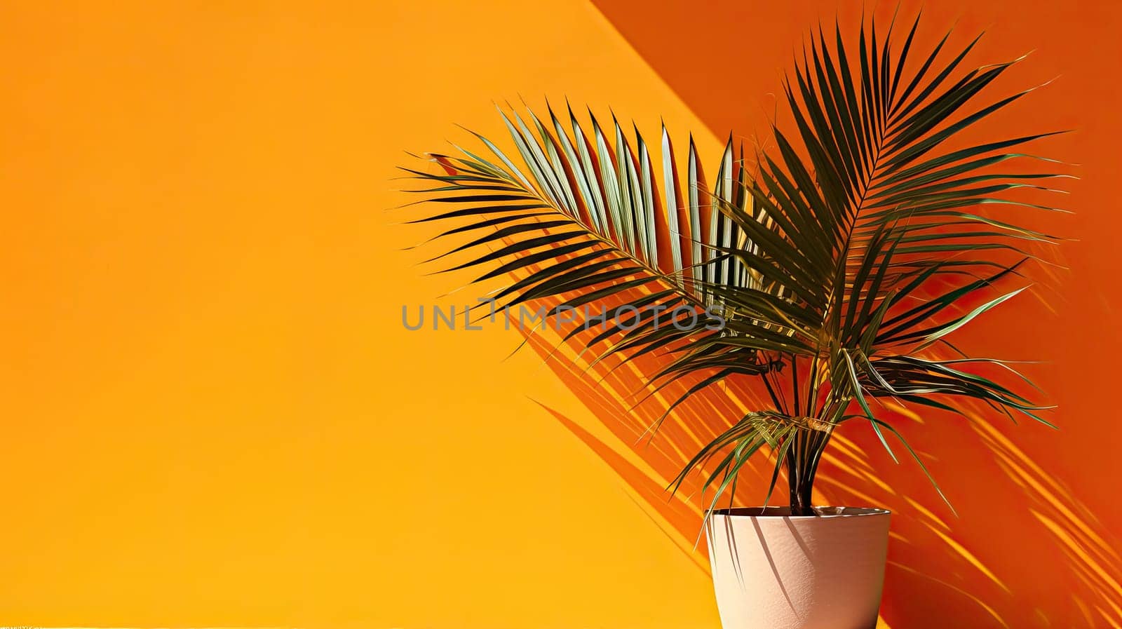 a decorative flower on an orange yellow background in the room. Minimalistic background for branding and product presentation. with a plant against an orange wall