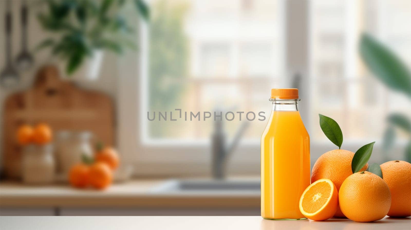 Orange smoothie, fruit juice, fresh orange drink in a bottle, on the table in the kitchen, copy space