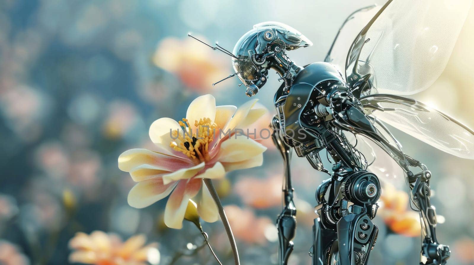 Little high-tech fairy robot with transparent wings over a flower against the background of a defocused image of nature, copy space
