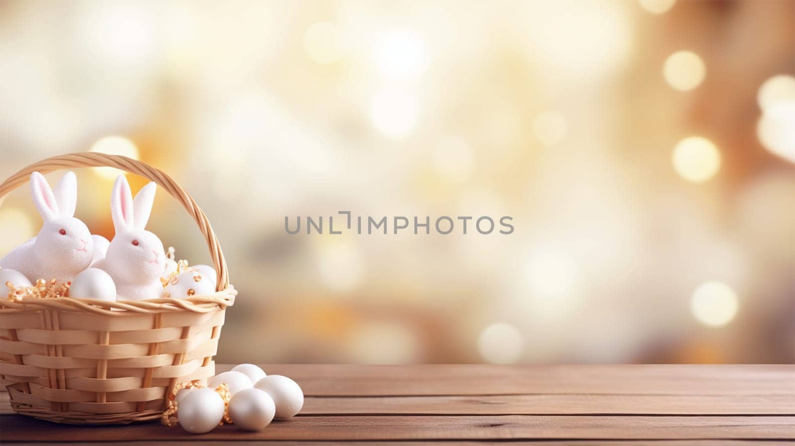 Lovely Easter fluffy bunnies in a wicker basket with Easter eggs against the backdrop of a green garden on a sunny day, with copy space. Symbol of Easter holiday.