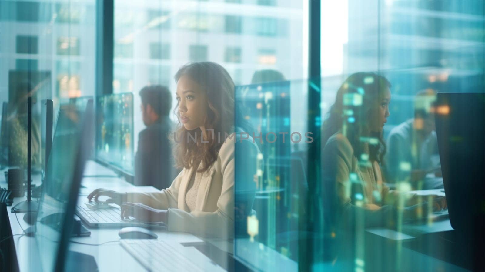 open space in a modern corporate office where business people are working on their laptops. Window reflections. Business and entrepreneurship concept.