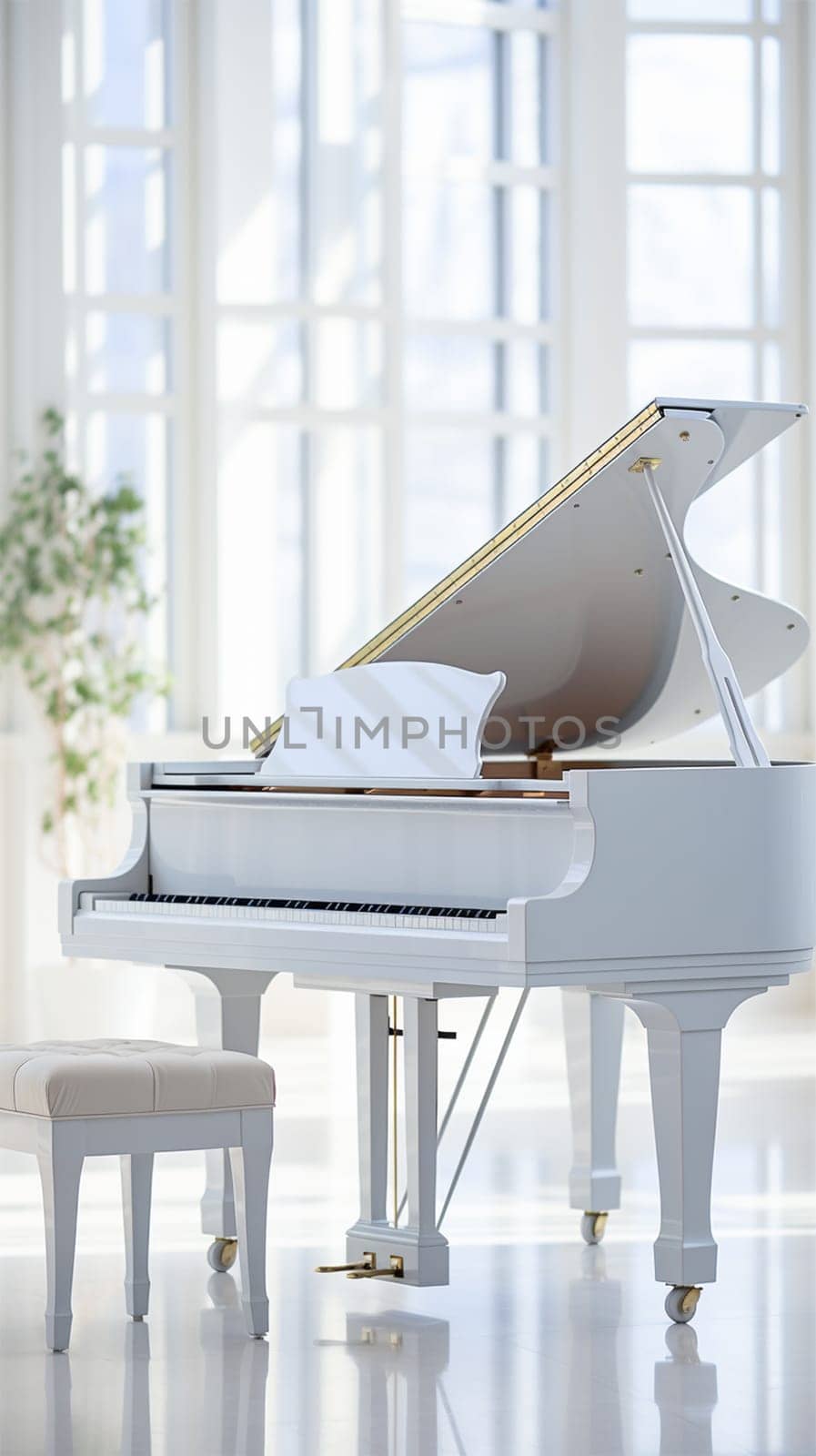 white piano in a white interior. Luxury interior.