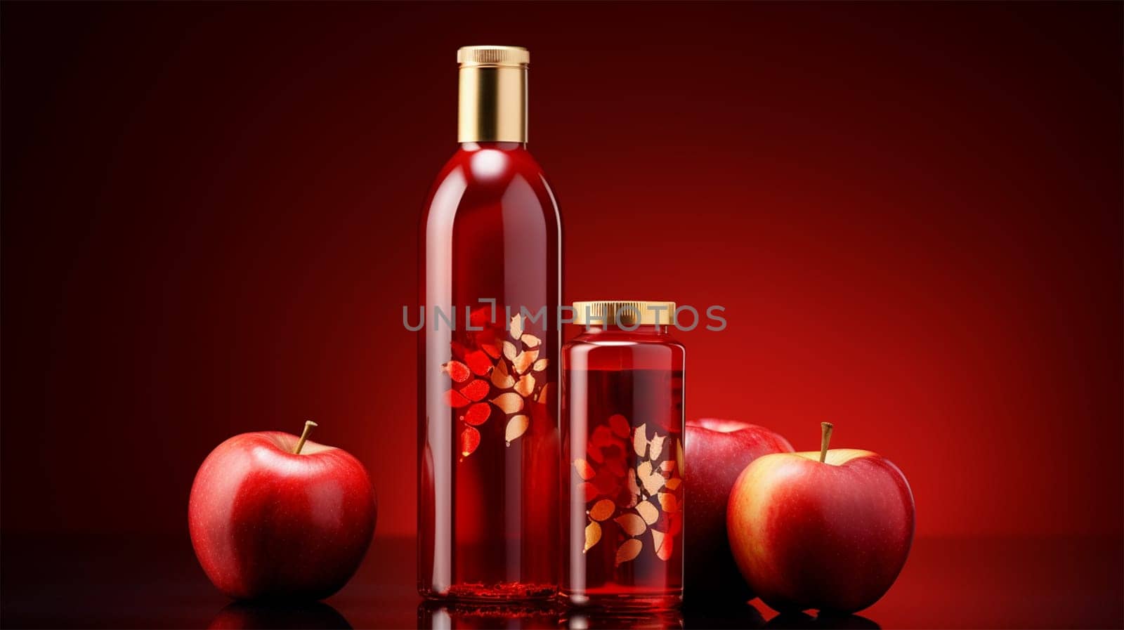 mockup of a bottle of apple juice or drink surrounded by apples on a dark background, with space for text, advertising of apple drinks