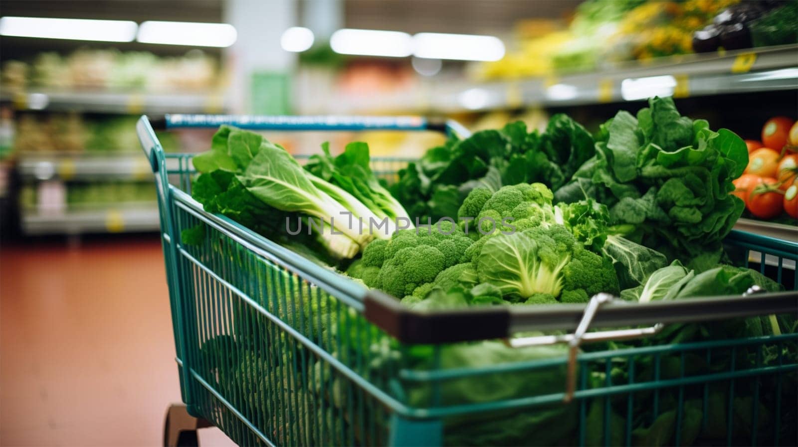 Shopping cart full of healthy food in supermarket, green vegetables in shopping cart.