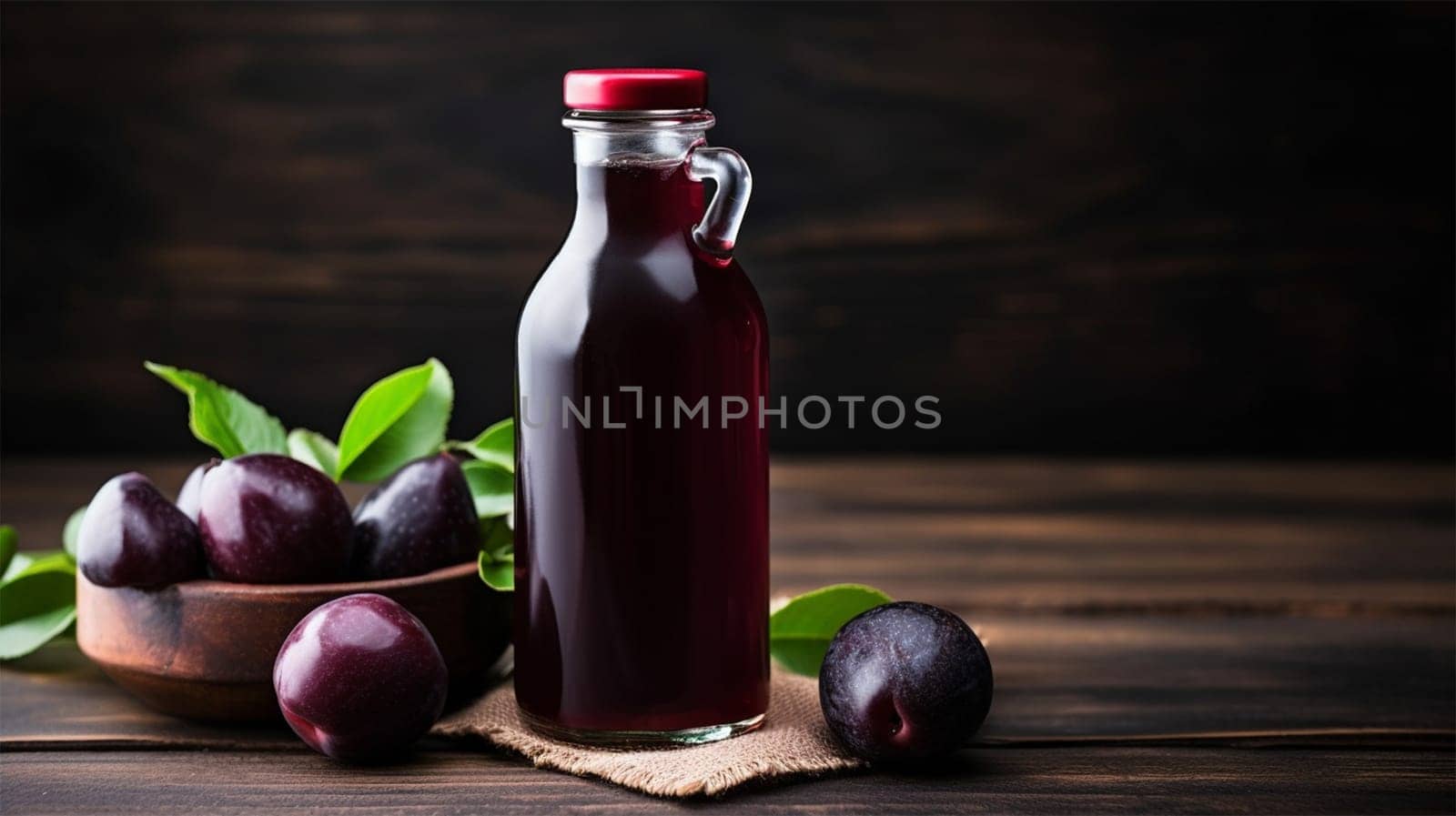 plum smoothie, fruit juice, drink from fresh plums in a bottle, on the table in the kitchen, copy space.