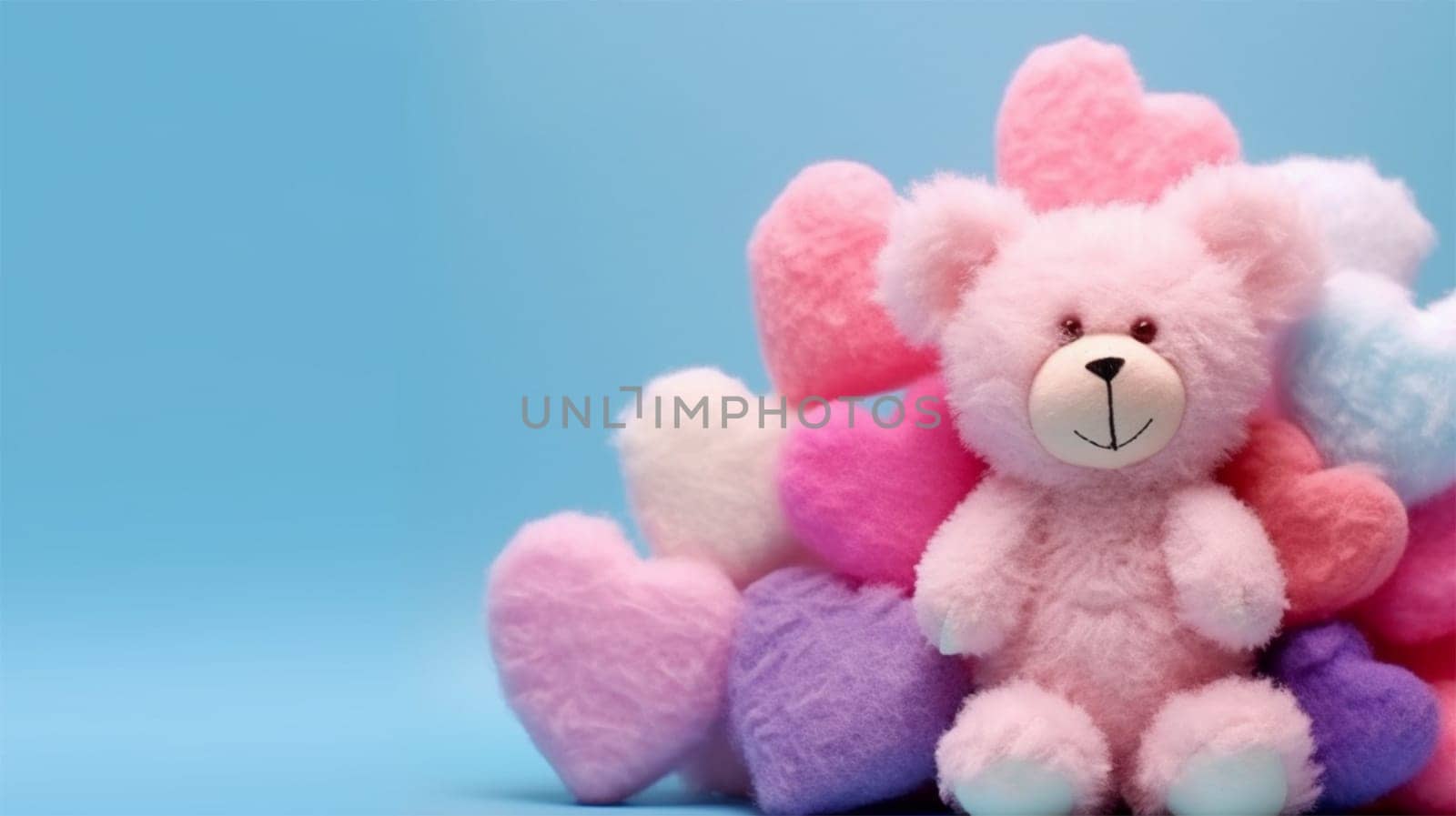 cute pink fluffy Bear toy on a background of soft multi-colored hearts on a blue background with copy space. greeting card for Valentine's Day or holiday greetings.