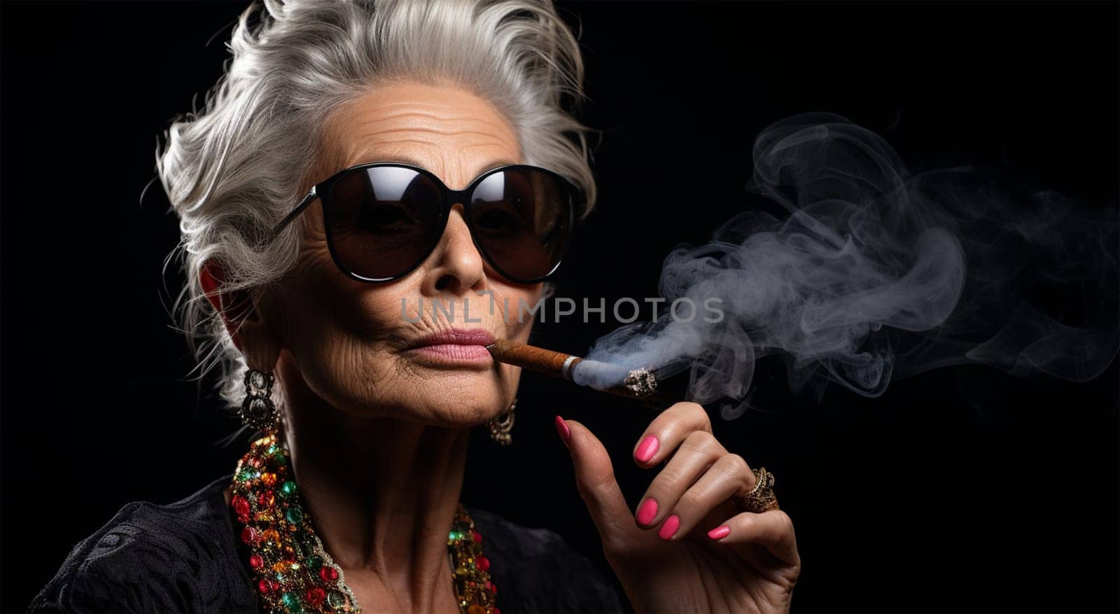 elderly woman smoking a cigar,She releases smoke from her mouth, creating a cloud of smoke around herself.