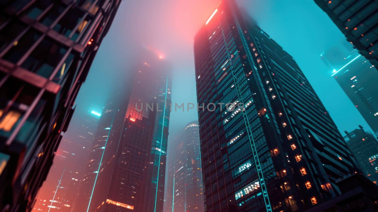 abstract business background with high rise glass buildings at night. defocus, correction of blue, pink and blue colors, futuristic style, business and finance