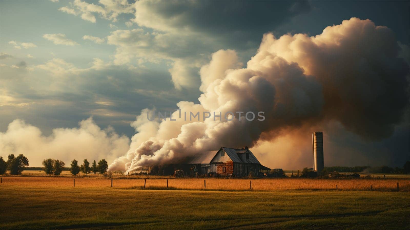 a column of smoke rises into the air from a barn or house in a field .