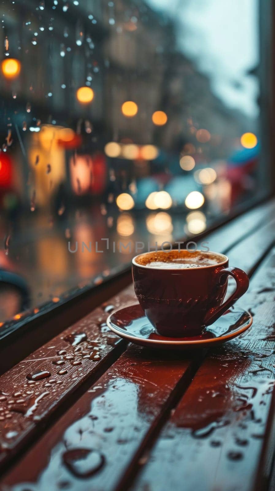 a cup of cappuccino on a table wet from rain in the evening in a street cafe.
