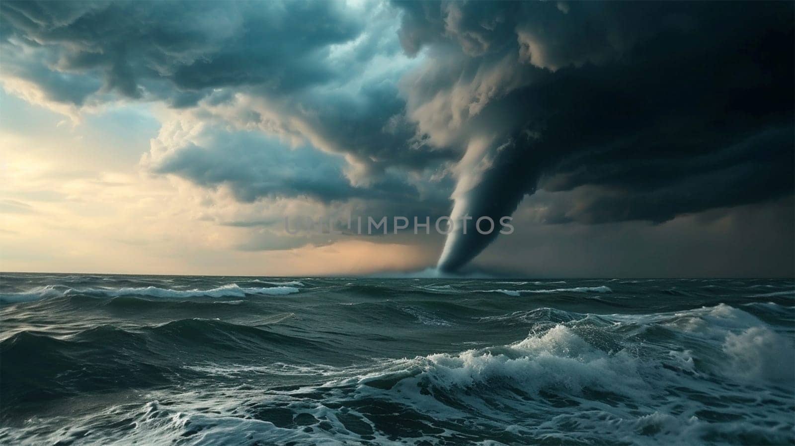 tornado over the sea in the distance near the horizon in a stormy sky, stormy sea, large waves.