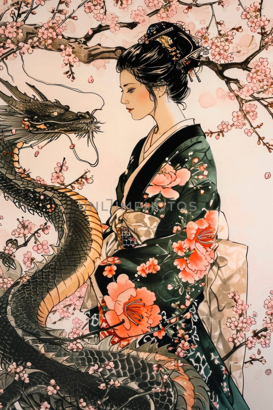 An illustration depicting an oriental dragon and a girl in a kimono under cherry blossoms. Year of the Dragon according to the eastern calendar. The symbol of the year in the culture of the East.