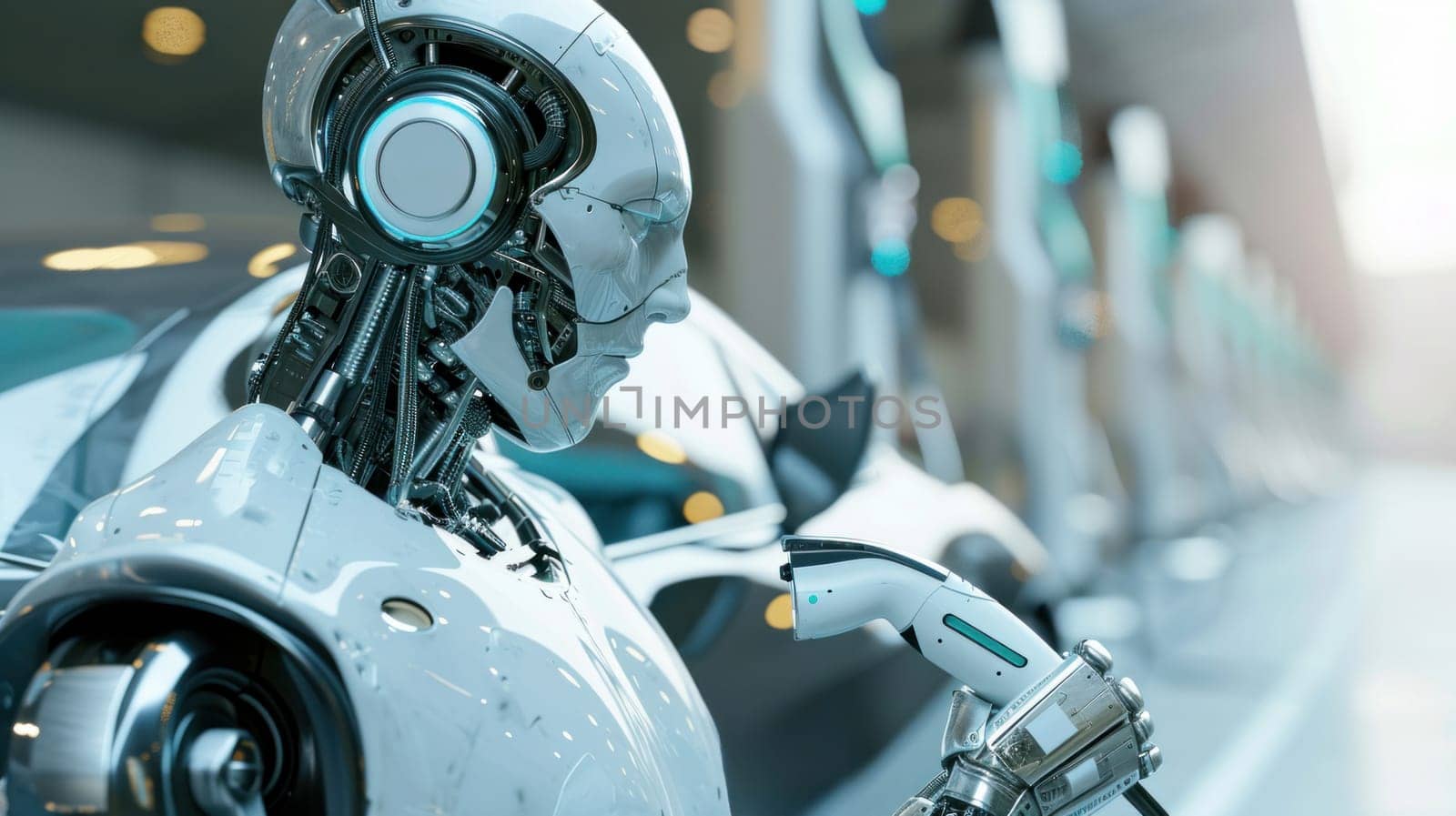 the robot applies an electrical charge to its chest to recharge itself. concept of the future and technology development