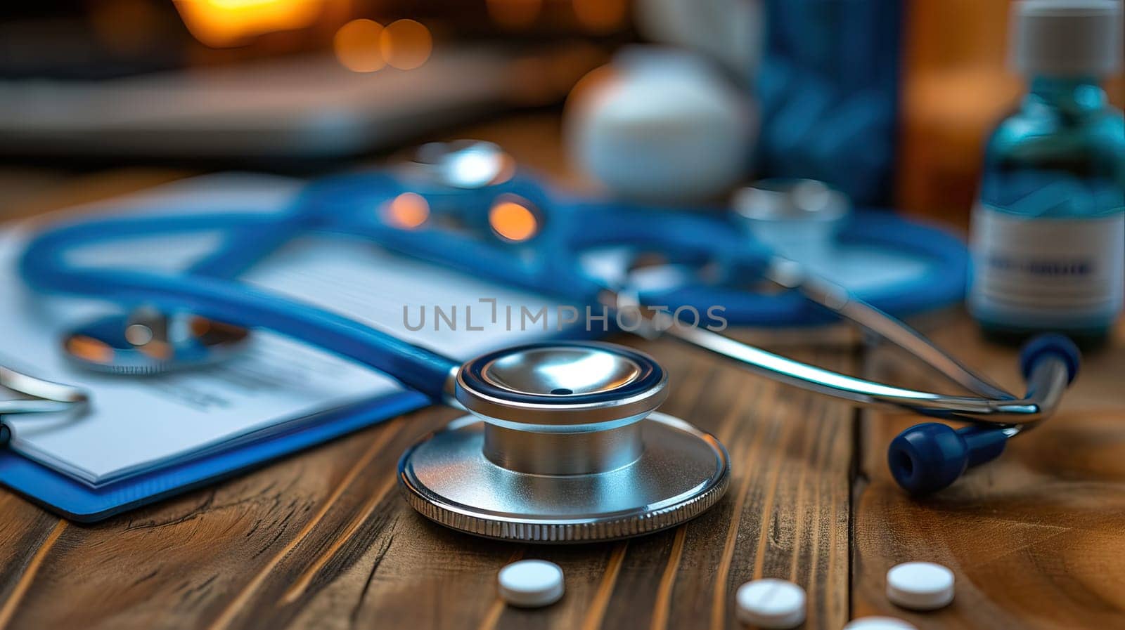 stethoscope on table with medical document and pills, health, healthcare and medical facilities concept