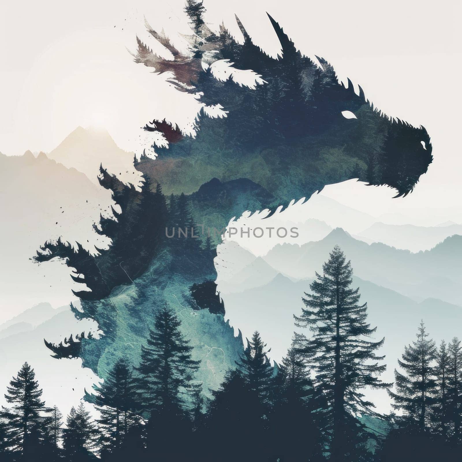 Illustration depicting an eastern dragon against a forest background, double exposure. Year of the Dragon according to the eastern calendar. The symbol of the year in the culture of the East.