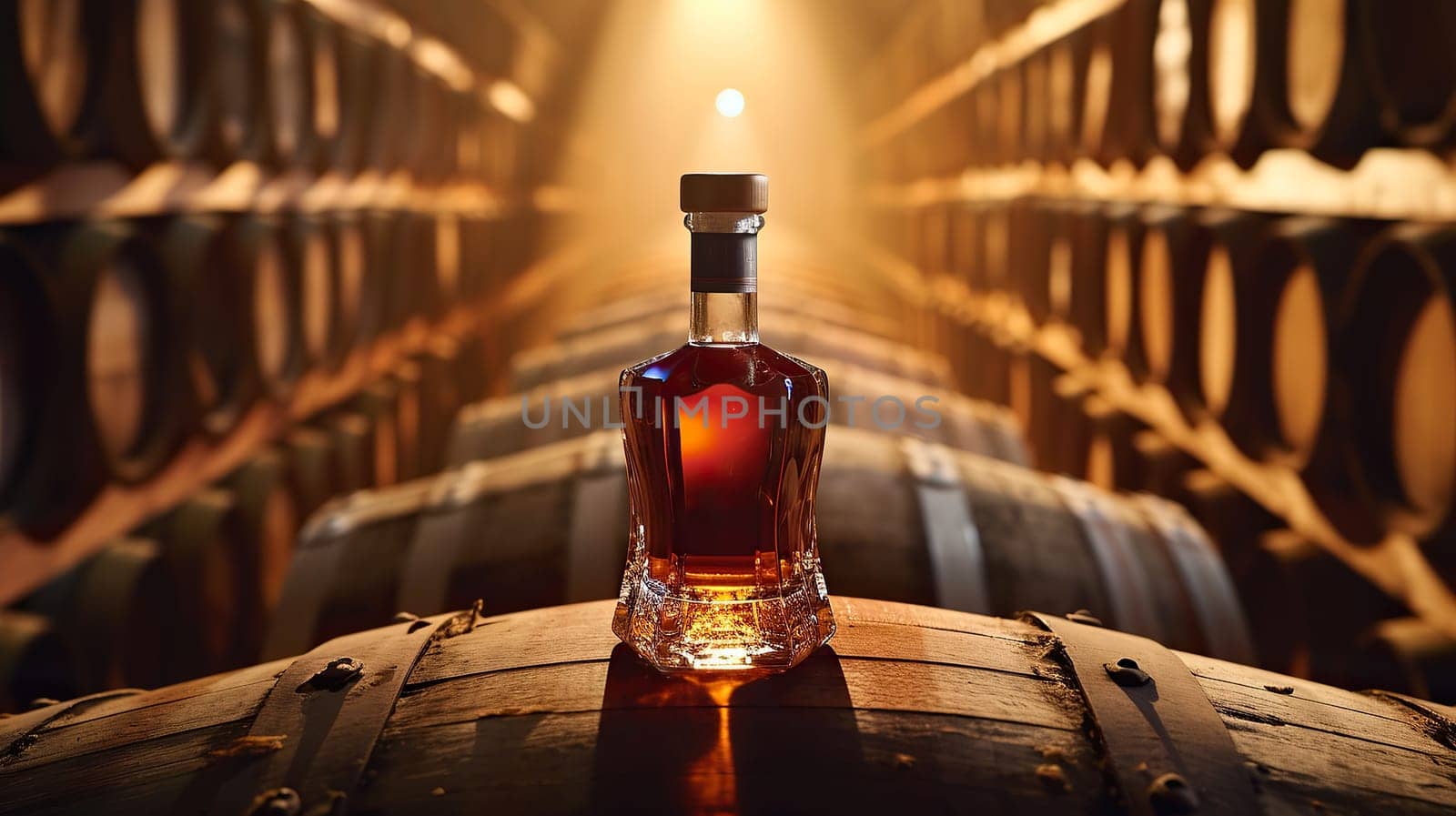glass bottle with alcohol on a wooden barrel in a wine cellar. warm shade of light and rich color of the drink. free space for the label on the bottle and copy space