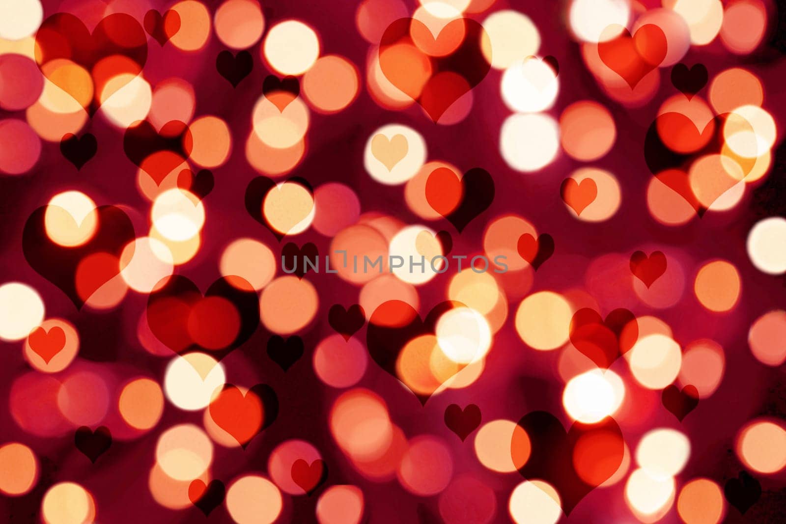Red and gold background with light dots and hearts